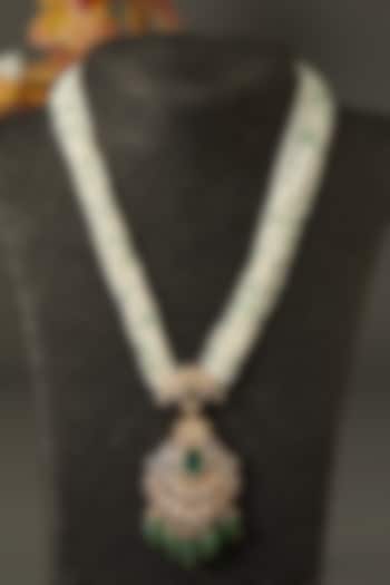 Two Tone Finish Green Stone Necklace With Pearls In Sterling Silver by Hunar at Pernia's Pop Up Shop