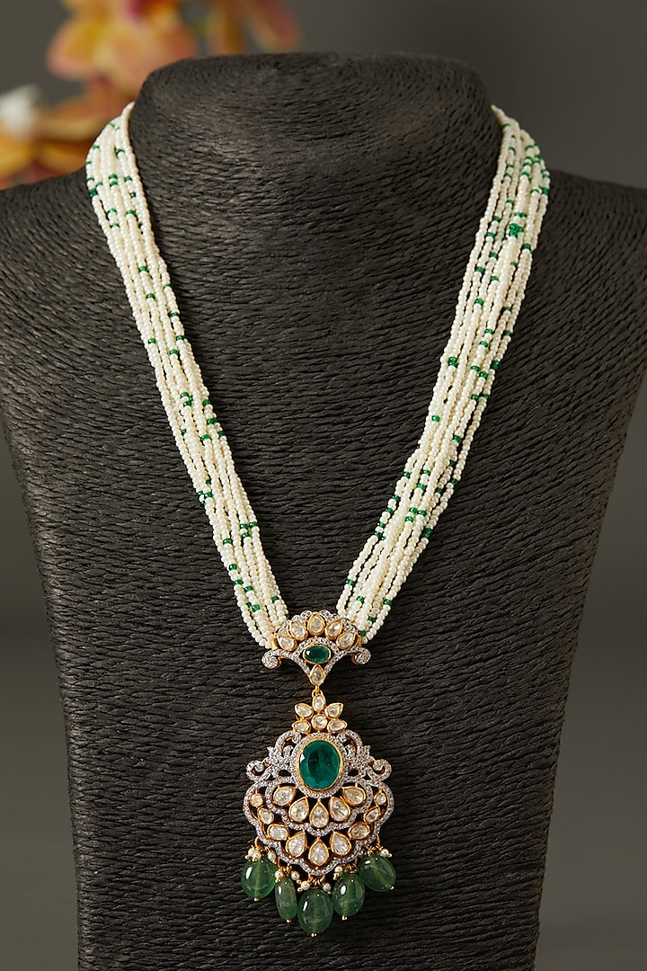 Two Tone Finish Green Stone Necklace With Pearls In Sterling Silver by Hunar at Pernia's Pop Up Shop