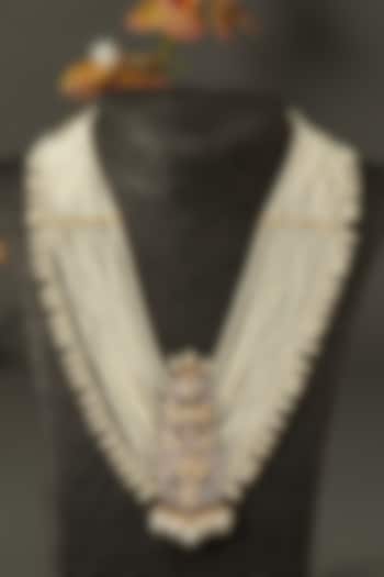 Gold Finish Layered Long Necklace With Pearls In Sterling Silver by Hunar at Pernia's Pop Up Shop