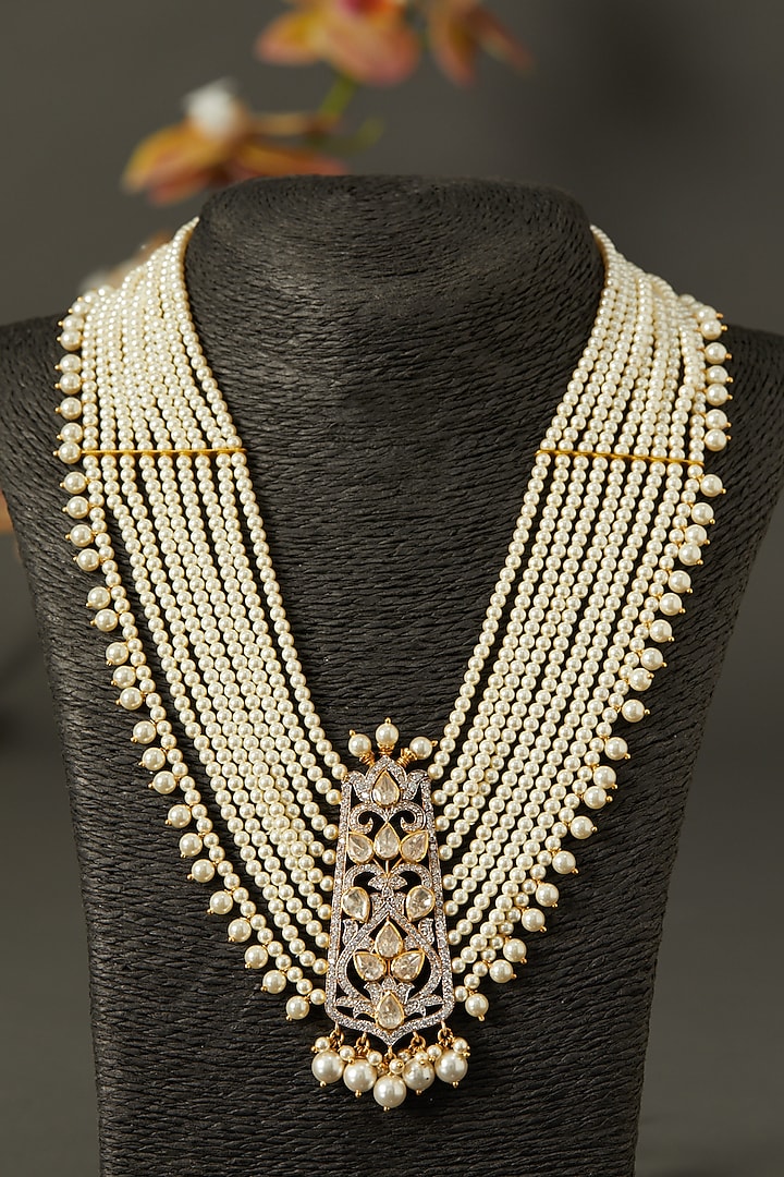 Gold Finish Layered Long Necklace With Pearls In Sterling Silver by Hunar at Pernia's Pop Up Shop