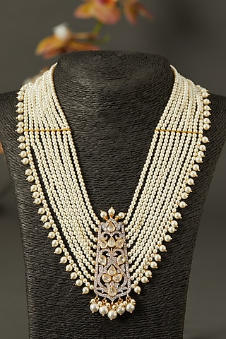 Gold Finish Layered Long Necklace With Pearls In Sterling Silver by Hunar