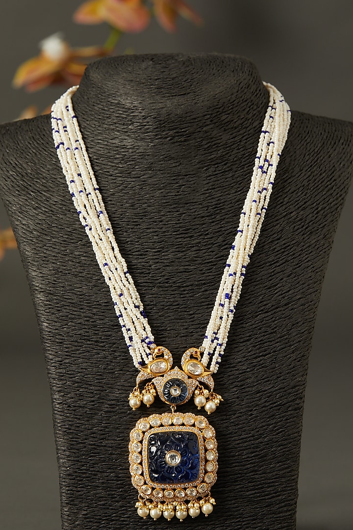 Gold Finish Blue Stone & Pearl Necklace In Sterling Silver by Hunar at Pernia's Pop Up Shop