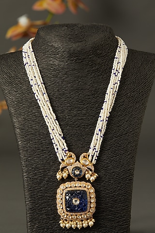 Gold Finish Blue Stone Necklace With Pearls In Sterling Silver by Hunar