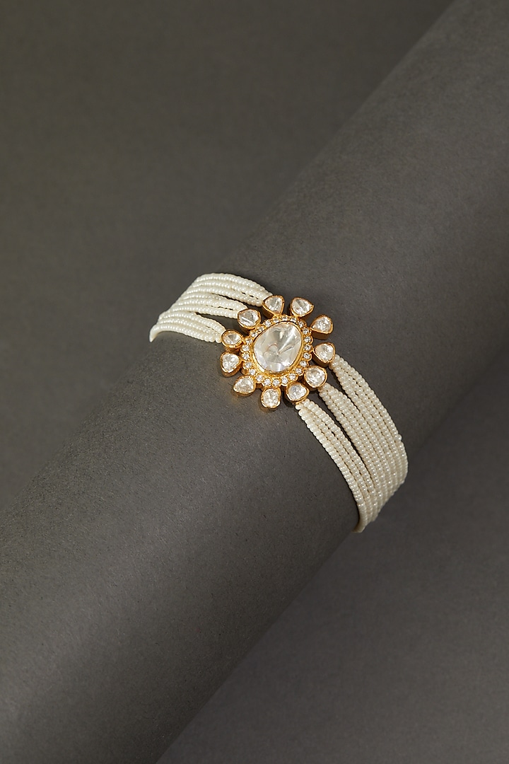 Gold Finish Pearl Bracelet In Sterling Silver by Hunar