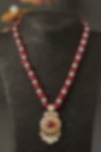 Gold Finish Red Stone Long Necklace In Sterling Silver by Hunar at Pernia's Pop Up Shop