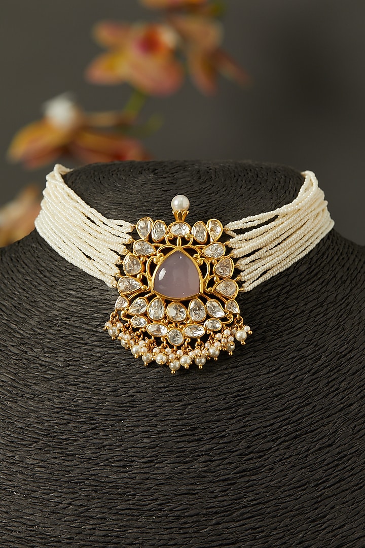 Gold Finish Choker Necklace With Pearls In Sterling Silver by Hunar at Pernia's Pop Up Shop