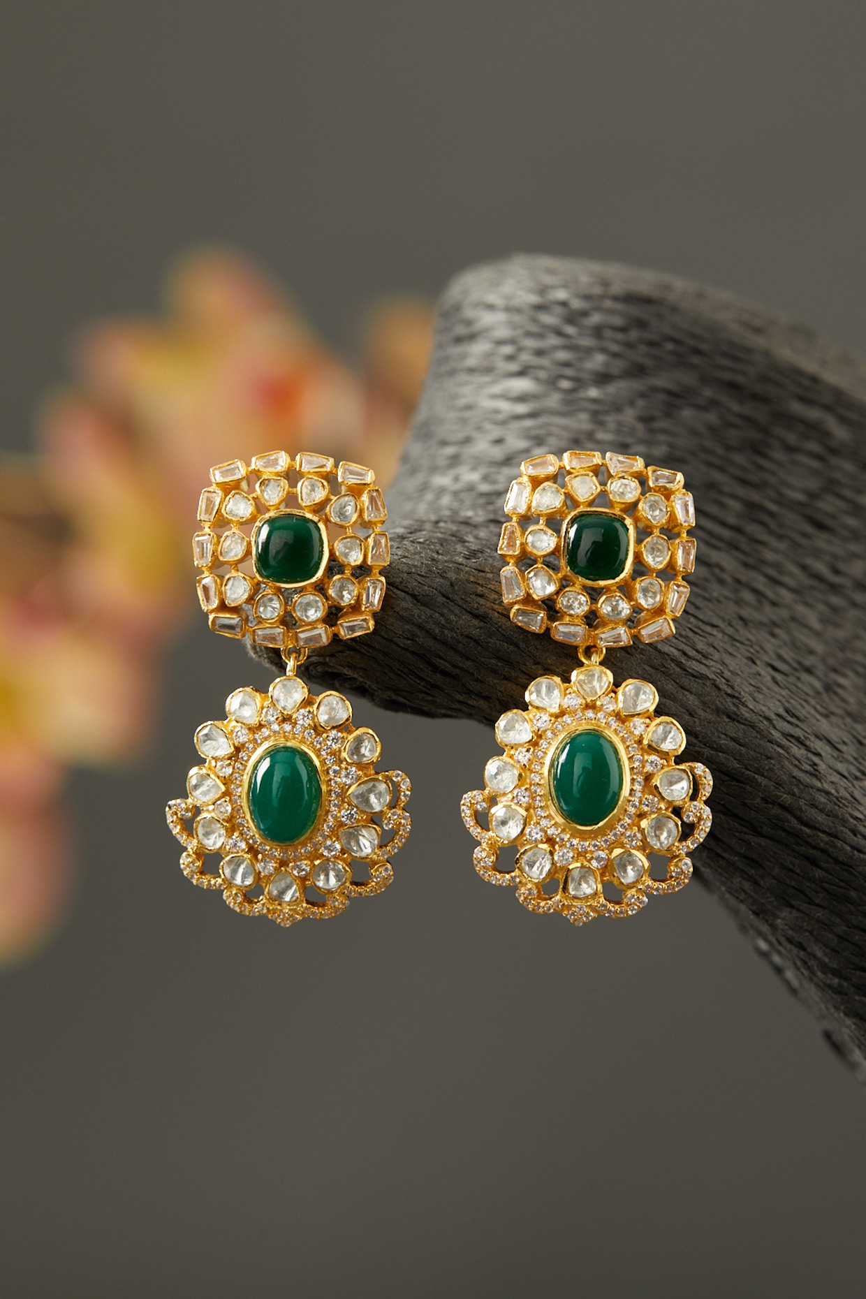 Gold Finish Moissanite Polki Green Stone Earrings in Sterling Silver Design  by Hunar at Pernias Pop Up Shop 2023