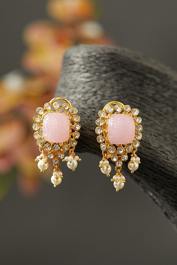 Gold Finish Moissanite Polki Pink Stone Earrings in Sterling Silver by Hunar