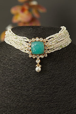 Gold Finish Choker Necklace With Pearls In Sterling Silver by Hunar