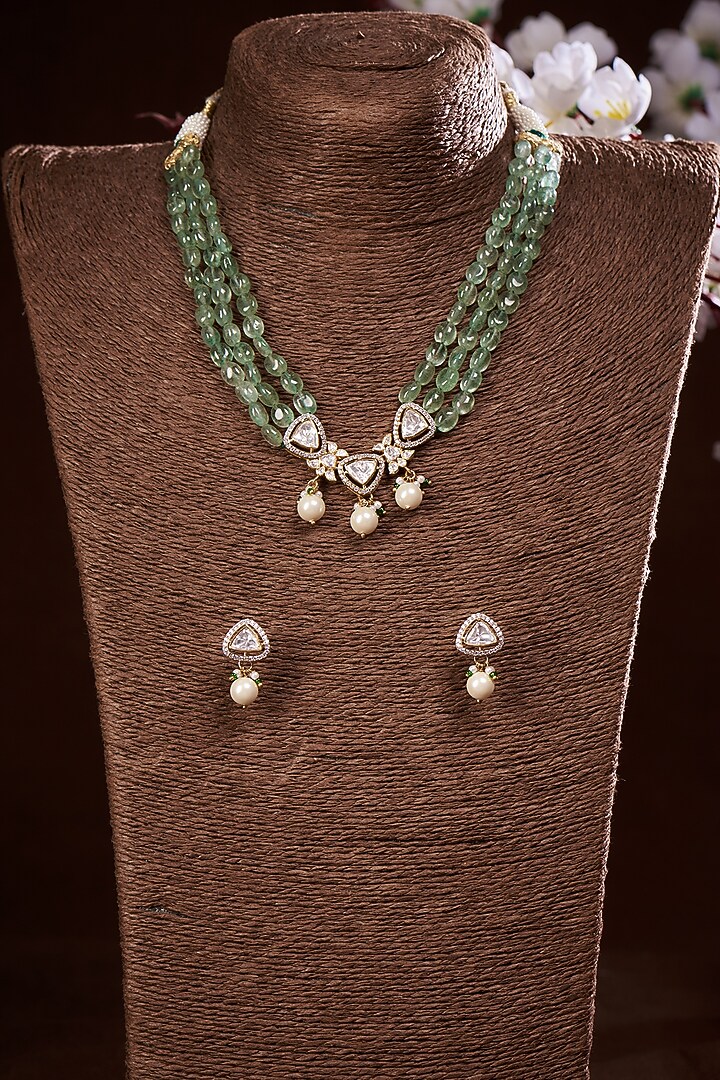 Gold Finish Moissanite Polki & Green Synthetic Stone Choker Necklace Set In Sterling Silver by Hunar at Pernia's Pop Up Shop