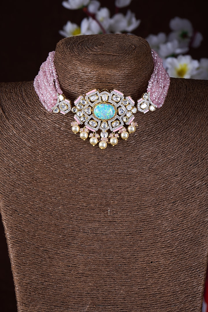 Gold Finish Moissanite Polki & Pink Stone Choker Necklace In Sterling Silver by Hunar at Pernia's Pop Up Shop