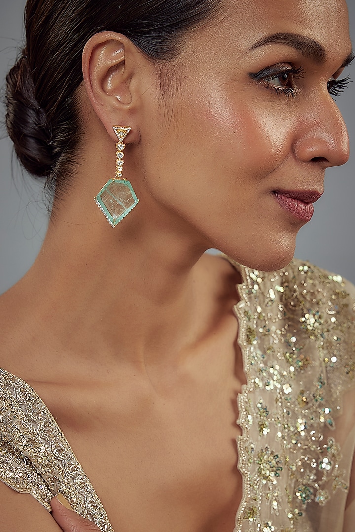 Gold Finish Moissanite Polki & Green Stone Dangler Earrings In Sterling Silver by Hunar at Pernia's Pop Up Shop