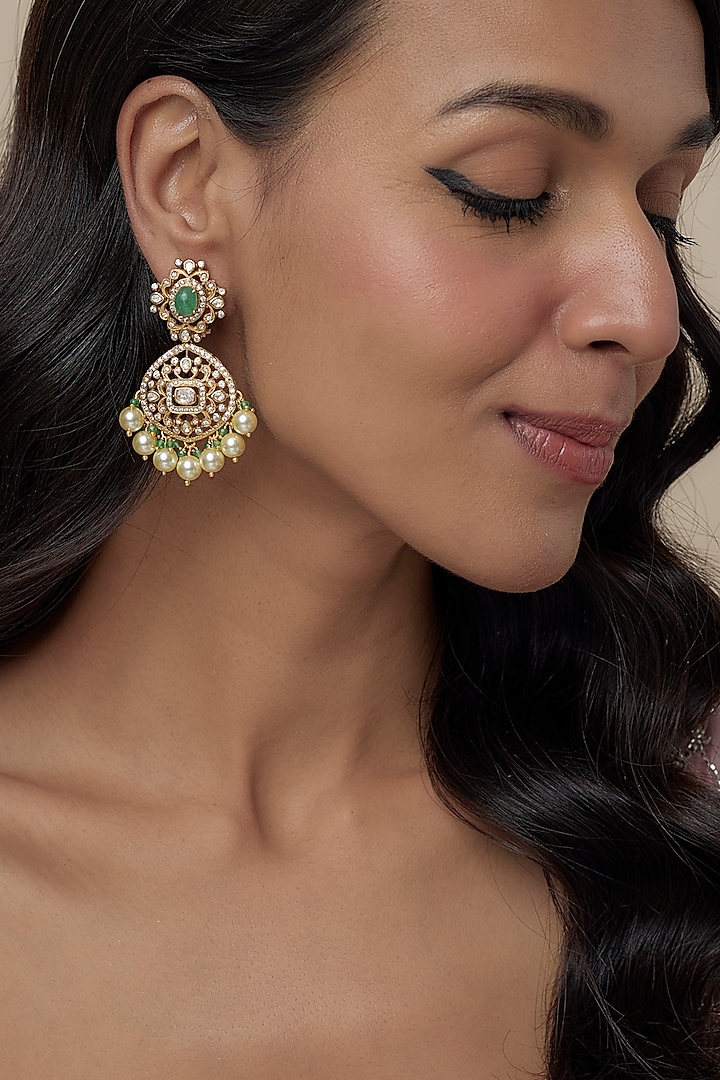 Gold Finish Moissanite Polki & Green Stone Chandbali Earrings In Sterling Silver by Hunar at Pernia's Pop Up Shop