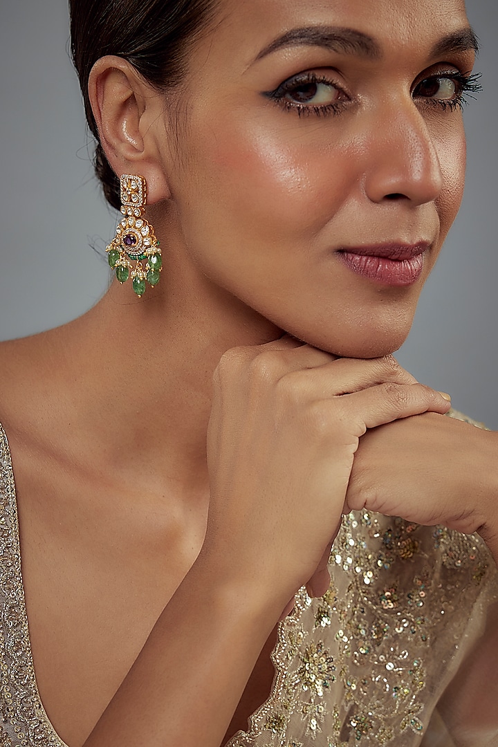 Gold Finish Moissanite Polki & Green Synthetic Stone Dangler Earrings In Sterling Silver by Hunar