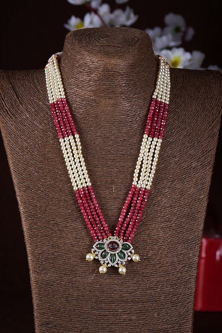 Gold Finish Moissanite Polki & Ruby Stone Long Necklace In Sterling Silver by Hunar at Pernia's Pop Up Shop