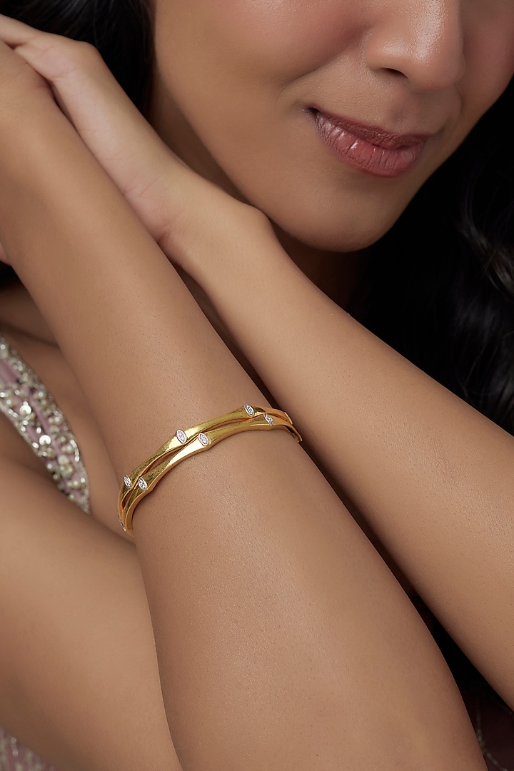 Gold Finish Moissanite Polki Bangles In Sterling Silver (Set Of 2) by Hunar at Pernia's Pop Up Shop