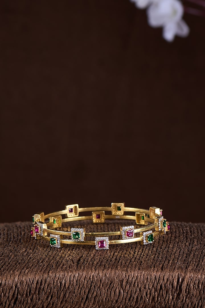 Gold Finish Moissanite Polki & Multi-Colored Stone Bangles In Sterling Silver (Set Of 2) by Hunar at Pernia's Pop Up Shop