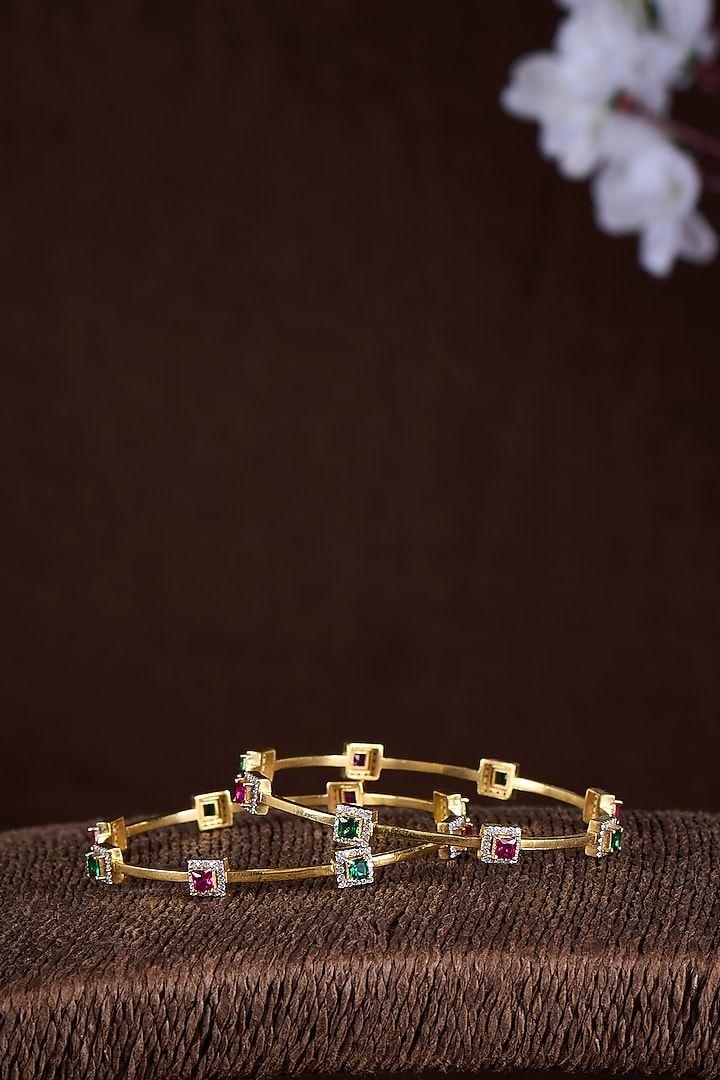 Gold Finish Moissanite Polki & Multi-Colored Stone Bangles In Sterling Silver (Set Of 2) by Hunar at Pernia's Pop Up Shop