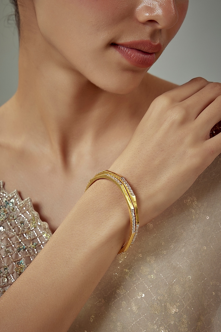 Gold Finish Moissanite Polki Bangles In Sterling Silver (Set Of 2) by Hunar at Pernia's Pop Up Shop