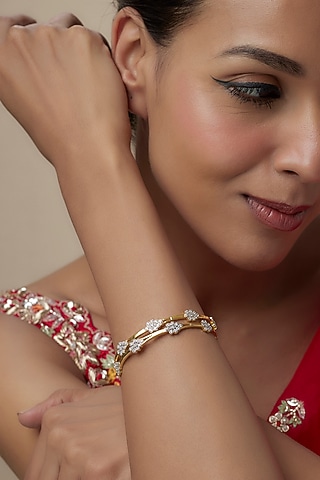 Gold Finish Moissanite Polki Bangles In Sterling Silver (Set Of 2) by Hunar