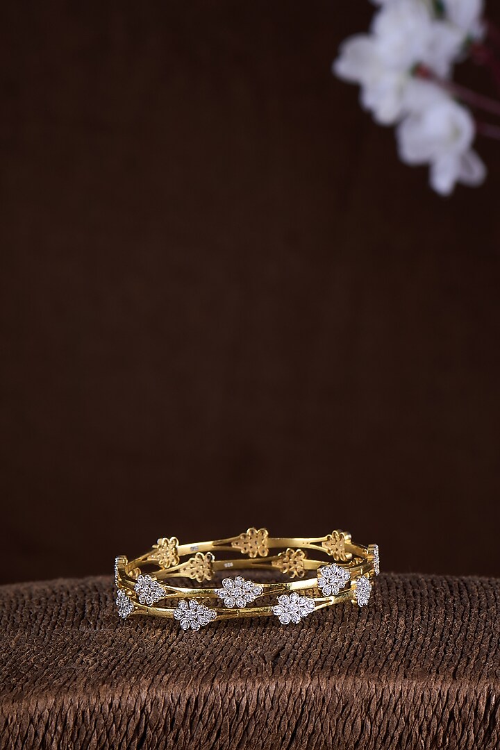 Gold Finish Moissanite Polki Bangles In Sterling Silver (Set Of 2) by Hunar at Pernia's Pop Up Shop