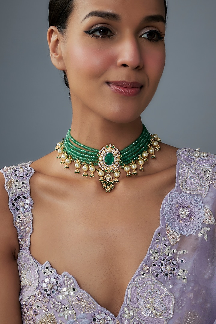 Gold Finish Moissanite Polki & Green Stone Choker Necklace In Sterling Silver by Hunar at Pernia's Pop Up Shop