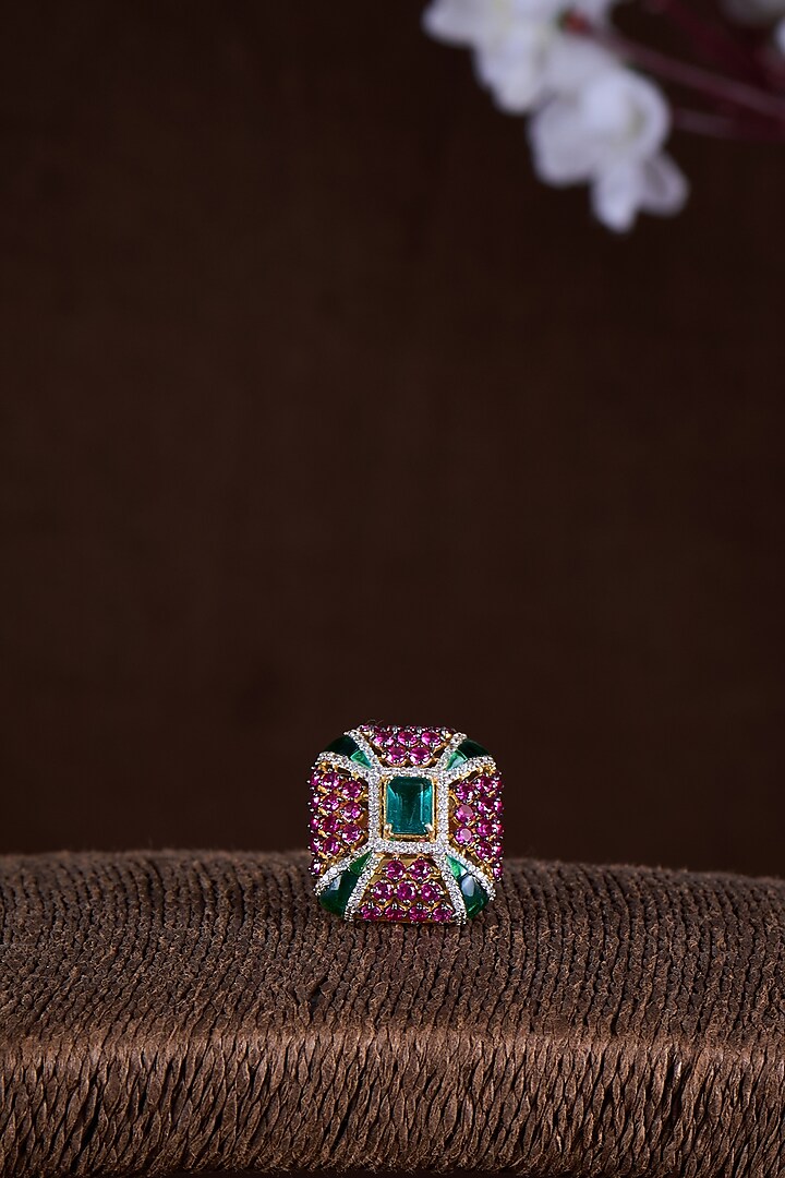 Gold Finish Moissanite Polki & Multi-Colored Ring In Sterling Silver by Hunar at Pernia's Pop Up Shop