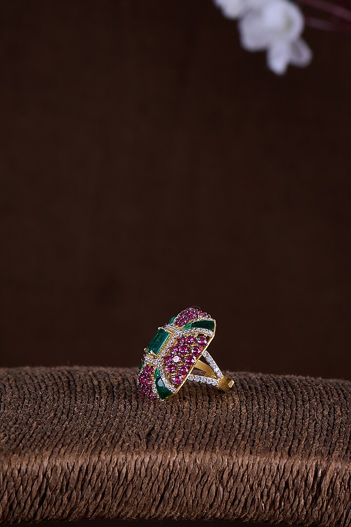 Gold Finish Moissanite Polki & Multi-Colored Ring In Sterling Silver by Hunar at Pernia's Pop Up Shop
