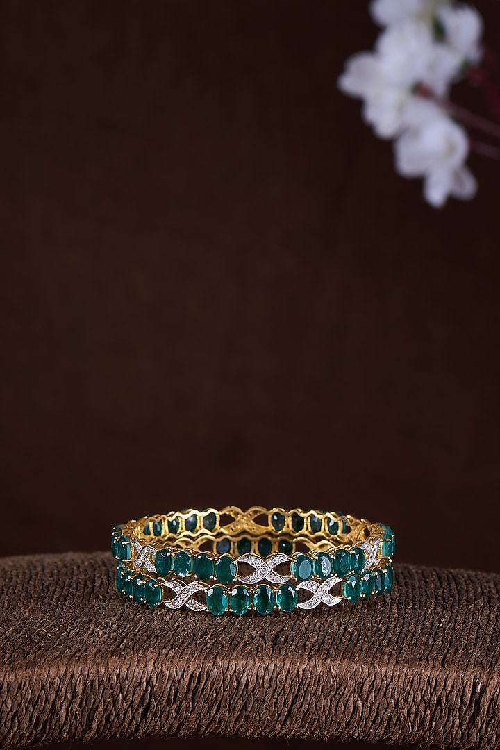 Gold Finish Moissanite Polki & Green Stone Bangles In Sterling Silver (Set Of 2) by Hunar at Pernia's Pop Up Shop