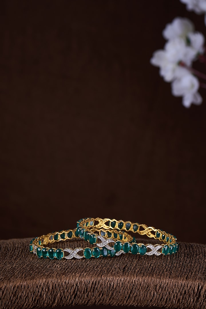 Gold Finish Moissanite Polki & Green Stone Bangles In Sterling Silver (Set Of 2) by Hunar at Pernia's Pop Up Shop