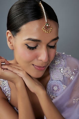 Gold Finish Moissanite Polki & Multi-Colored Stone Maangtikka In Sterling Silver by Hunar