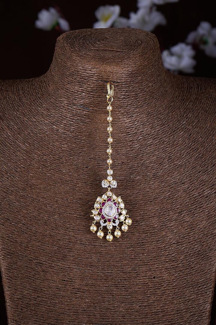 Gold Finish Moissanite Polki & Ruby Synthetic Stone Maangtikka In Sterling Silver by Hunar at Pernia's Pop Up Shop