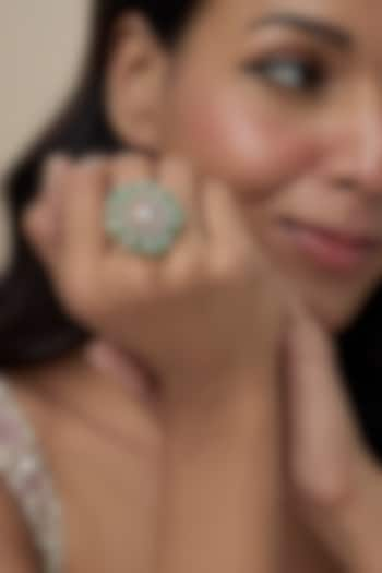 Gold Finish Moissanite Polki & Emerald Stone Ring In Sterling Silver by Hunar at Pernia's Pop Up Shop