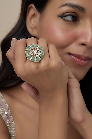 Gold Finish Moissanite Polki & Emerald Stone Ring In Sterling Silver by Hunar