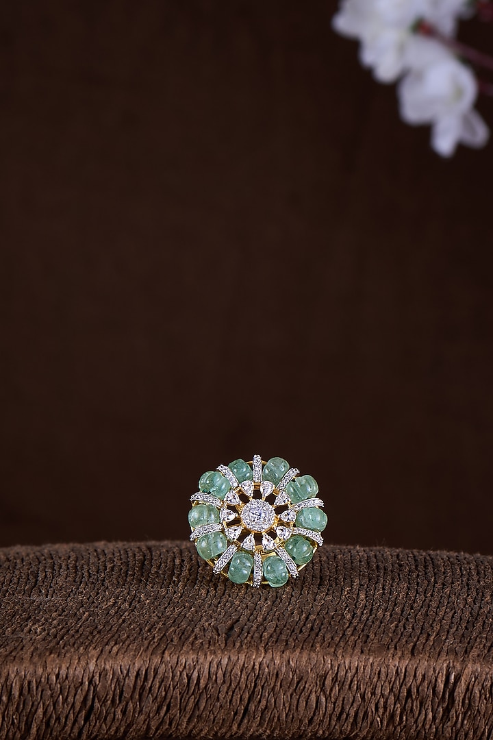Gold Finish Moissanite Polki & Emerald Stone Ring In Sterling Silver by Hunar at Pernia's Pop Up Shop