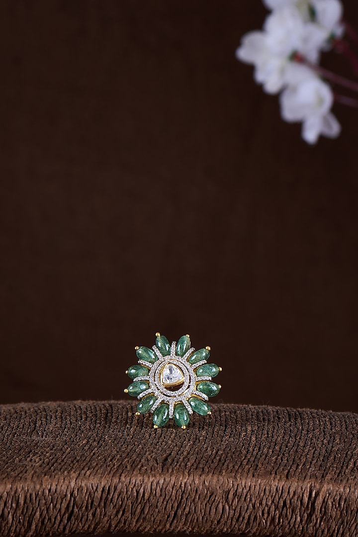 Gold Finish Moissanite Polki & Emerald Stone Ring In Sterling Silver by Hunar at Pernia's Pop Up Shop