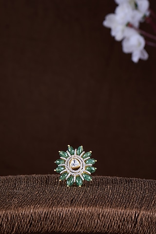 Gold Finish Moissanite Polki & Emerald Stone Ring In Sterling Silver by Hunar