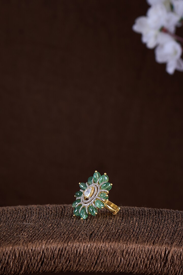 Gold Finish Moissanite Polki & Emerald Stone Ring In Sterling Silver by Hunar at Pernia's Pop Up Shop