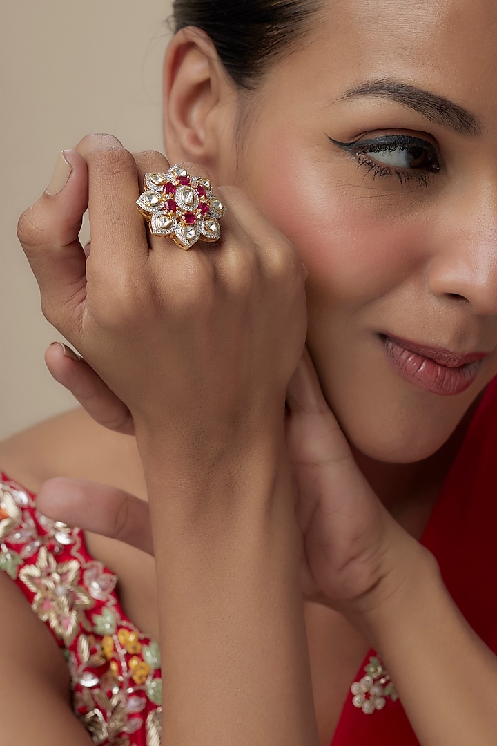 Gold Finish Moissanite Polki & Ruby Synthetic Stone Ring In Sterling Silver by Hunar at Pernia's Pop Up Shop