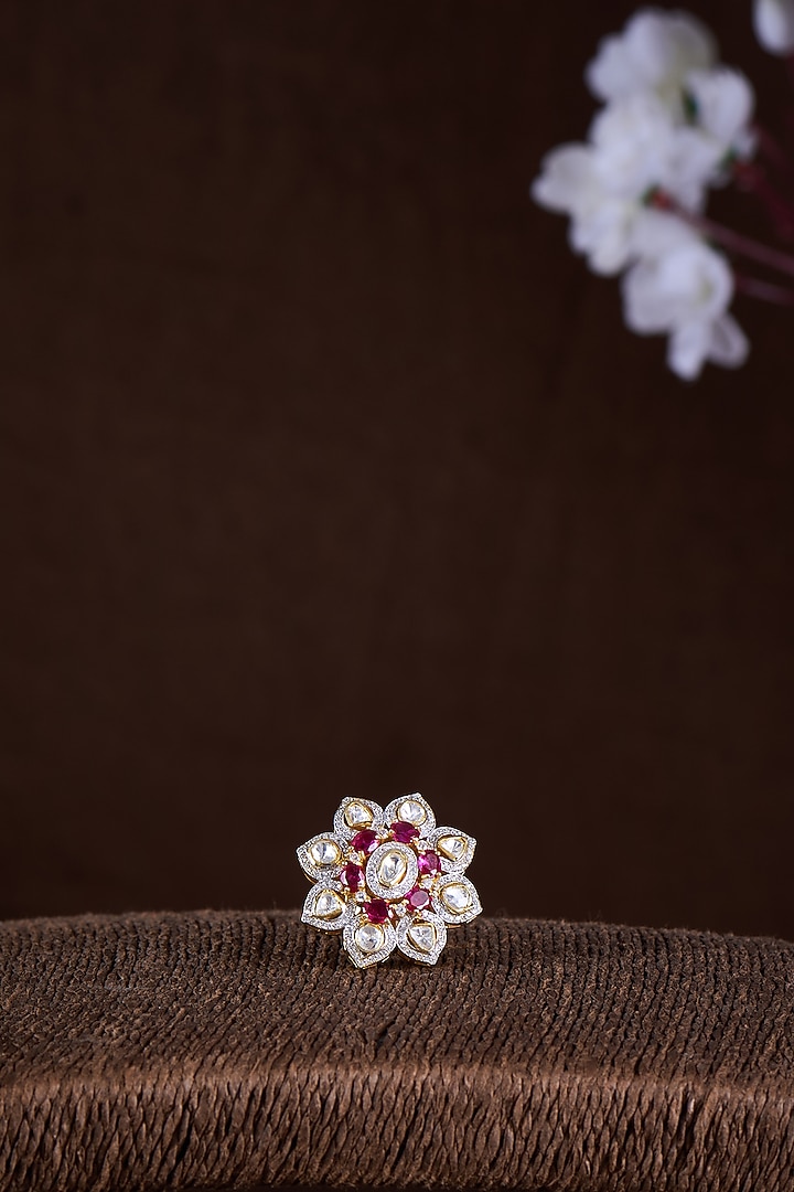 Gold Finish Moissanite Polki & Ruby Synthetic Stone Ring In Sterling Silver by Hunar at Pernia's Pop Up Shop