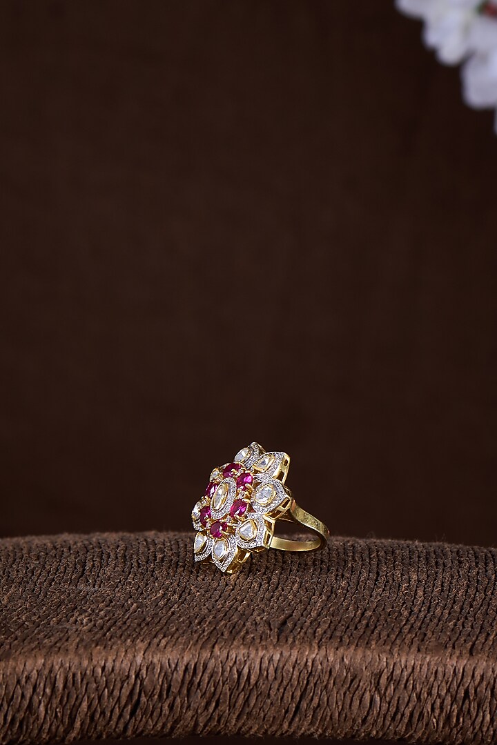 Gold Finish Moissanite Polki & Ruby Synthetic Stone Ring In Sterling Silver by Hunar at Pernia's Pop Up Shop
