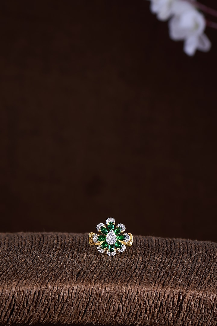 Gold Finish Moissanite Polki & Emerald Green Stone Ring In Sterling Silver by Hunar at Pernia's Pop Up Shop