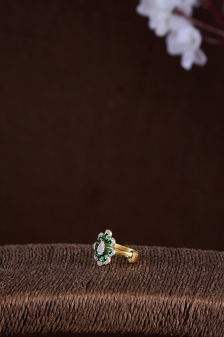 Gold Finish Moissanite Polki & Emerald Green Stone Ring In Sterling Silver by Hunar at Pernia's Pop Up Shop