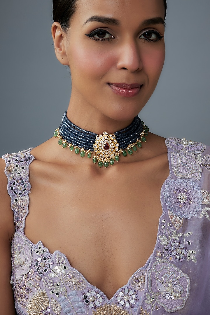 Gold Finish Moissanite Polki & Blue Synthetic Stone Choker Necklace In Sterling Silver by Hunar at Pernia's Pop Up Shop