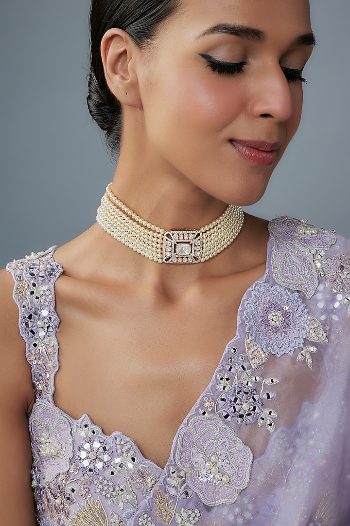 Gold Finish Moissanite Polki & Emerald Green Stone Choker Necklace In Sterling Silver by Hunar at Pernia's Pop Up Shop