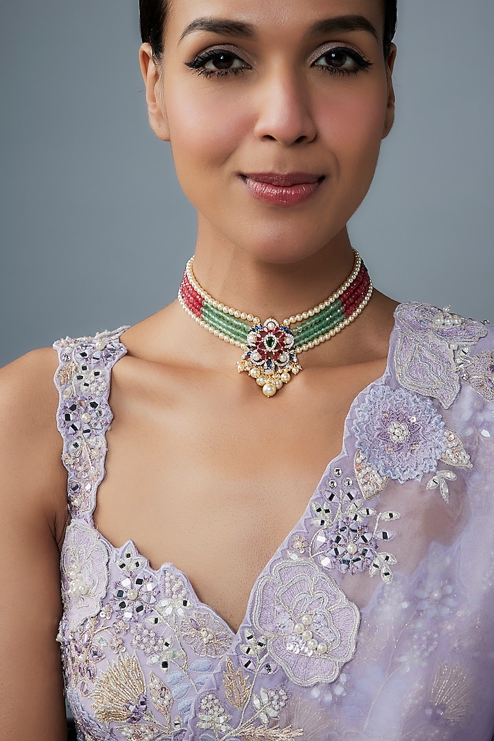 Gold Finish Moissanite Polki & Multi-Colored Stone Choker Necklace In Sterling Silver by Hunar at Pernia's Pop Up Shop