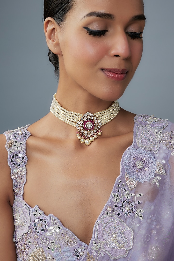 Gold Finish Moissanite Polki & Ruby Synthetic Stone Choker Necklace In Sterling Silver by Hunar at Pernia's Pop Up Shop