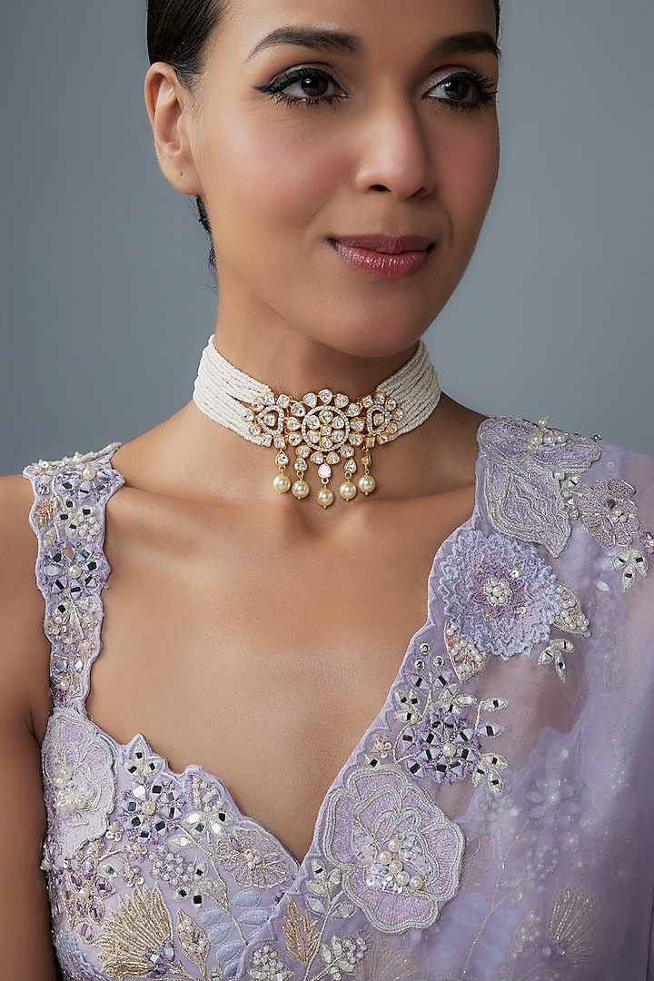 Gold Finish Moissanite Polki Choker Necklace In Sterling Silver by Hunar at Pernia's Pop Up Shop