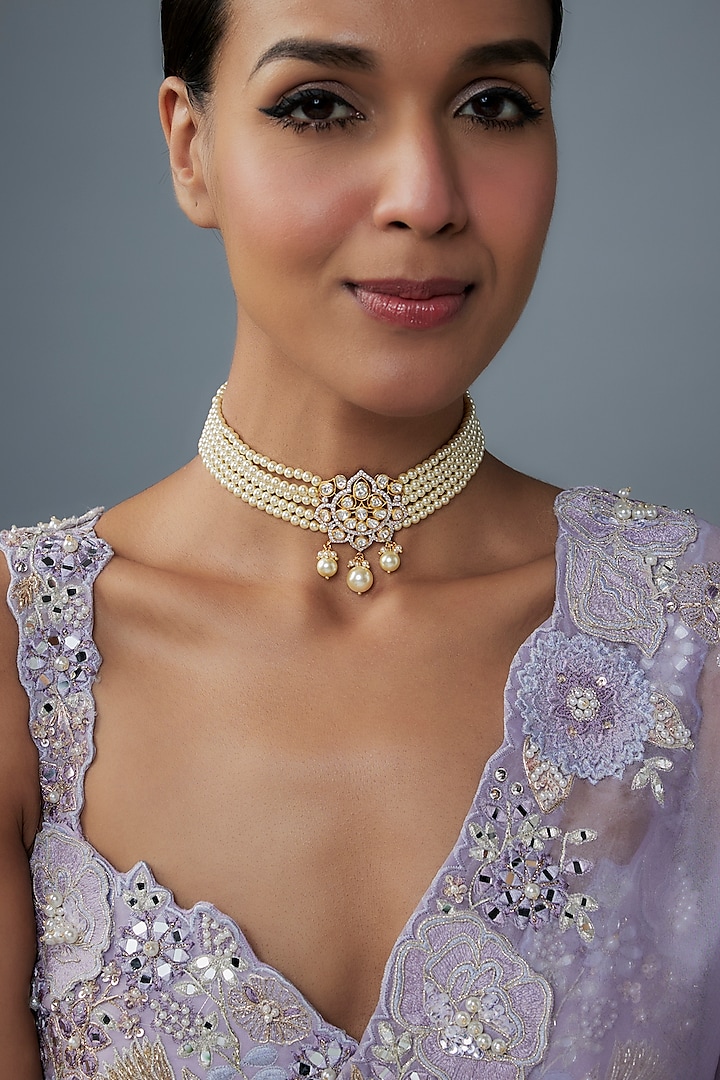 Gold Finish Moissanite Polki Choker Necklace In Sterling Silver by Hunar at Pernia's Pop Up Shop