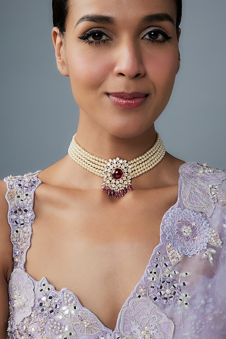 Gold Finish Moissanite Polki & Red Stone Choker Necklace In Sterling Silver by Hunar at Pernia's Pop Up Shop